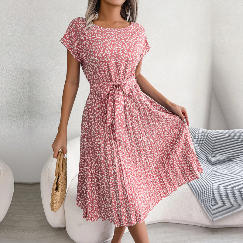 Vestido longo plissado com manga curta para mulheres, cintura alta, chique, design floral, moda, primavera e verão